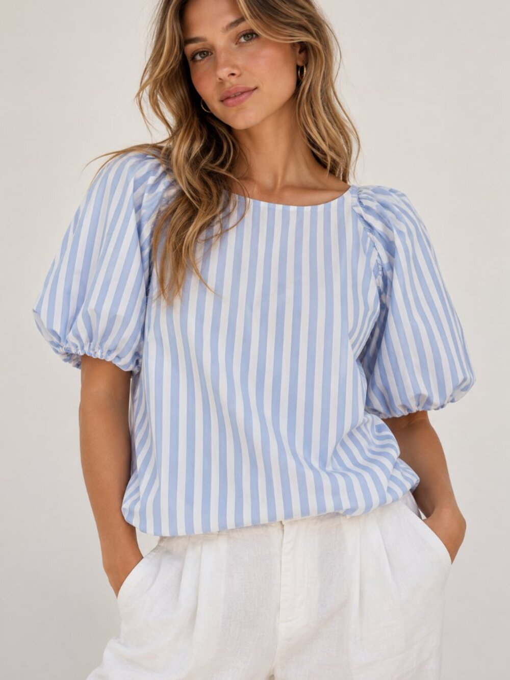 H&M L Blue White Striped Puff Sleeve Cotton Blouse Coastal Preppy Top
